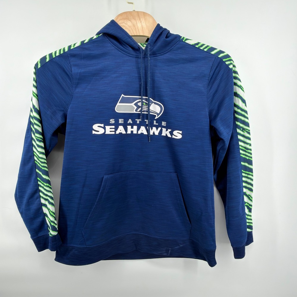 NFL Seattle Seahawks Hoodie Mens L Blue Green White Striped Sleeve Pullover